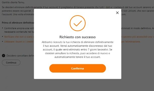 Annullare ordine Temu