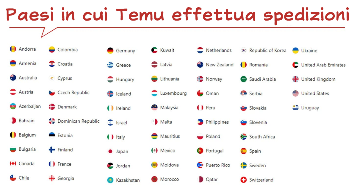 Paesi in cui Temu effettua spedizioni