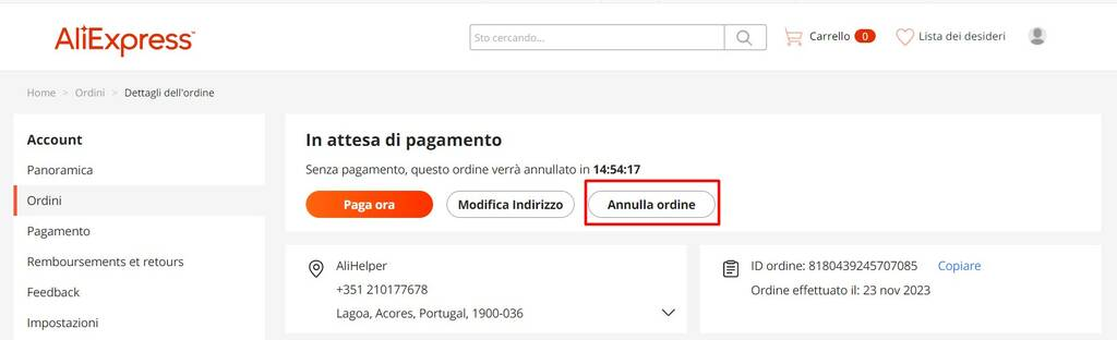 annullare ordine aliexpress